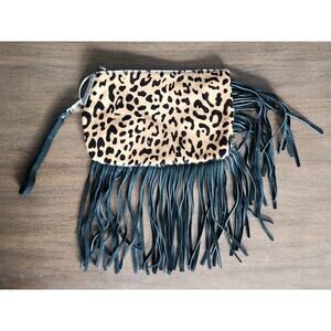 Prüne Leopard Print Haircalf Look Leather Suede Fringe Wristlet Bag Western Boho